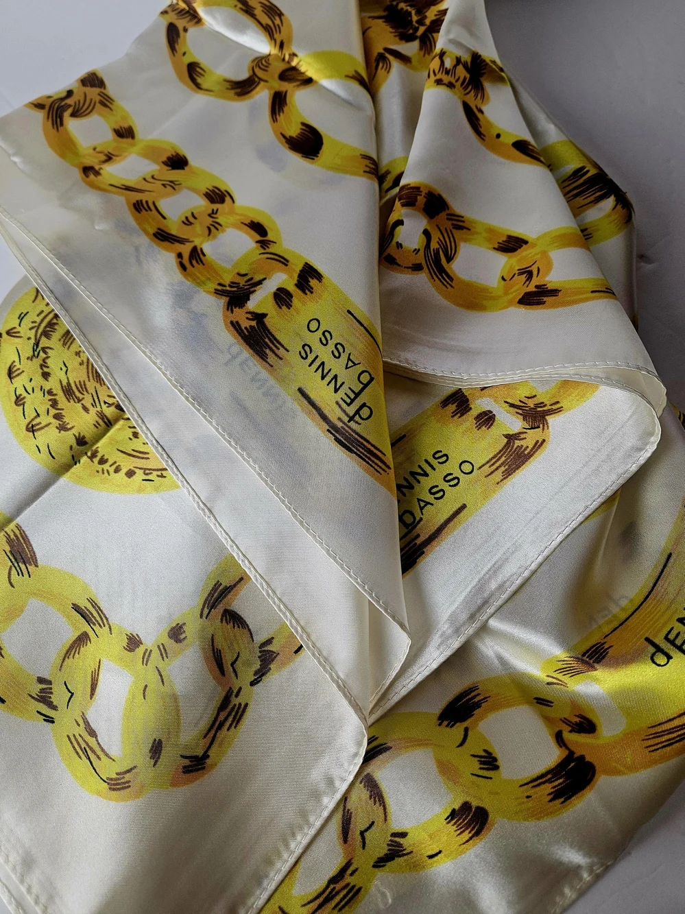 Dennis Basso Silk Scarf Yellow Gold Chain Link Print Vintage Square Wrap